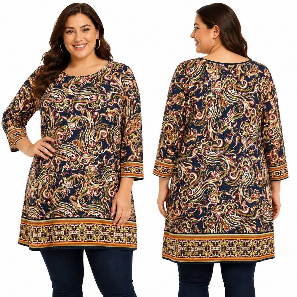 Lavanya Woman Paisley Tunic Top 2X Boho Stretch